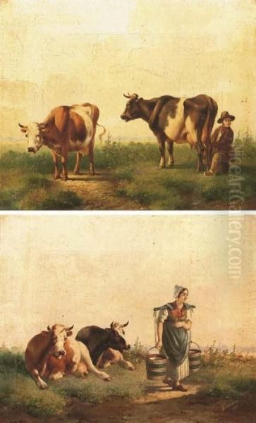 A Milkmaid; And Milking The Cows Oil Painting by Albertus Verhoesen