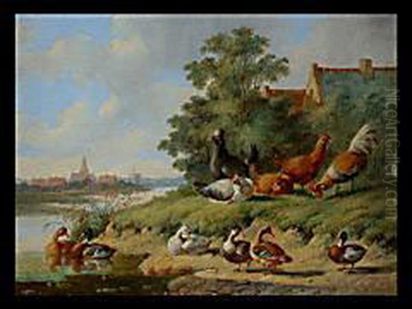 Federvieh An Flusslauf Mit Architektur Oil Painting by Albertus Verhoesen