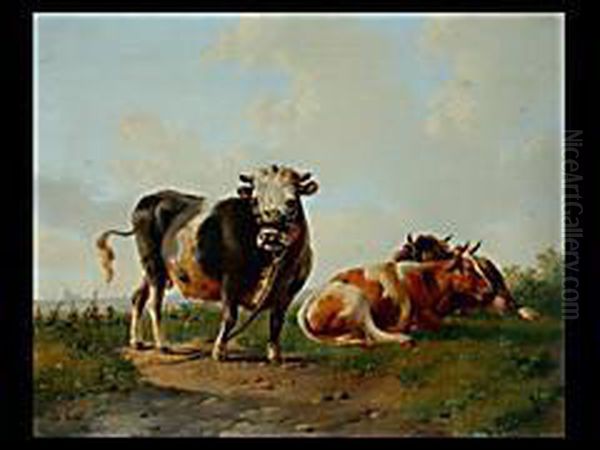 Drei Kuhe Auf Weide Oil Painting by Albertus Verhoesen