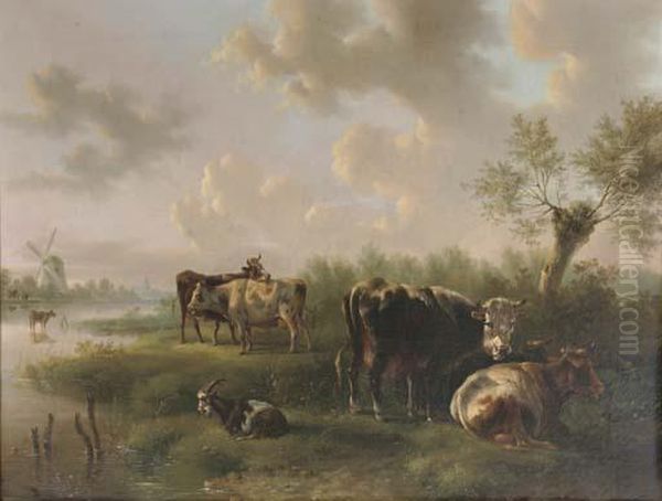 Cattle In A Polder Landscape Oil Painting by Albertus Verhoesen