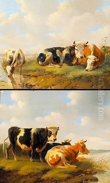 Cattle Resting At The Water's 
Edge; Also A Companion Painting Of The Same Subject (a Pair) Oil Painting by Albertus Verhoesen