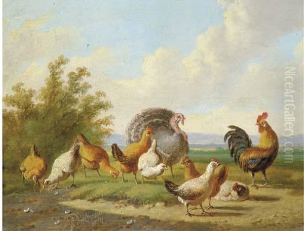 A Turkey And Fowl In A Landscape Oil Painting by Albertus Verhoesen