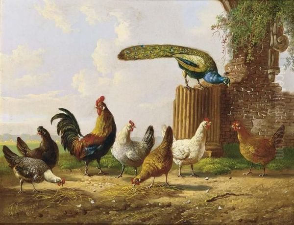 Poultry In A Landscape Oil Painting by Albertus Verhoesen