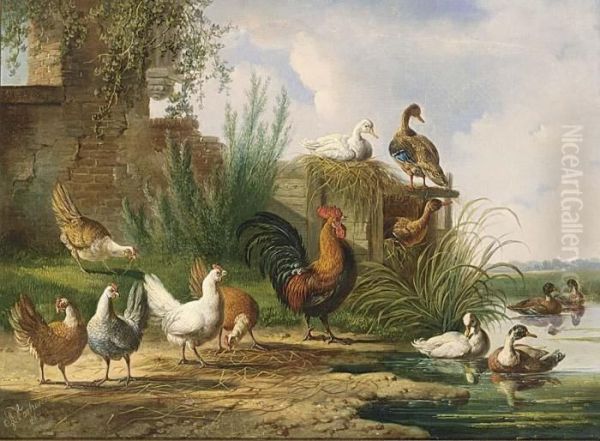 Poultry By A Pond Oil Painting by Albertus Verhoesen