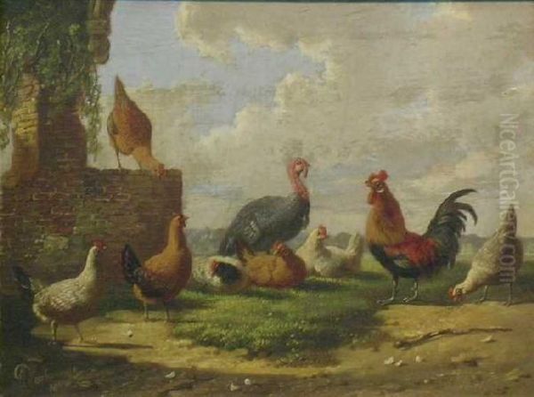 Turkey And Fowl Near Ruins Oil Painting by Albertus Verhoesen