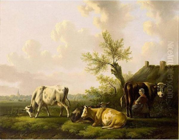 Milking Time Oil Painting by Albertus Verhoesen