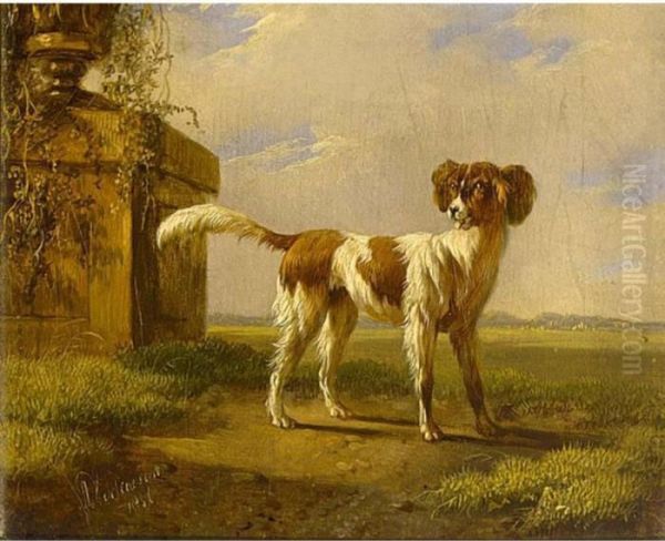 A Dog In A Landscape Oil Painting by Albertus Verhoesen