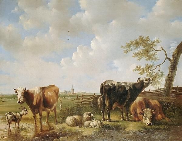 Cattle, Sheep And A Goat In A Landscape Oil Painting by Albertus Verhoesen