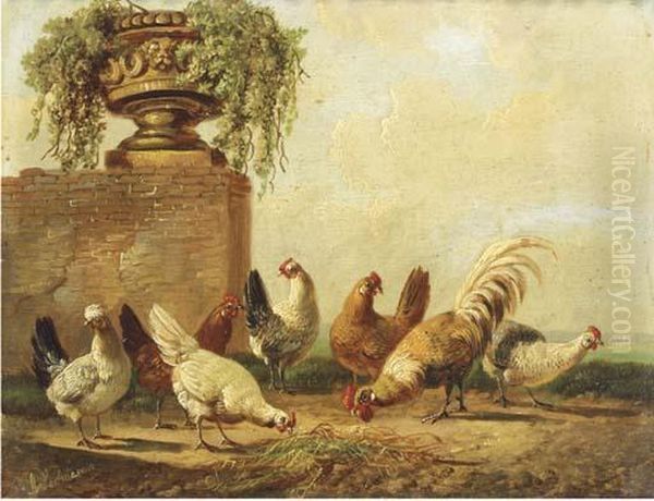 Poultry By A Ruin Oil Painting by Albertus Verhoesen