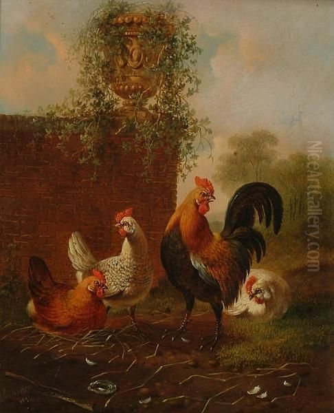 A Cock And Three Hens Beneath A Stone Urn Oil Painting by Albertus Verhoesen