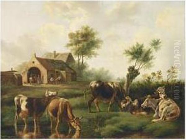 Cows In A Summer Landscape, Peasants In The Background Oil Painting by Albertus Verhoesen