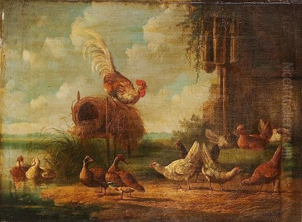 Poultry Beside A River Oil Painting by Albertus Verhoesen