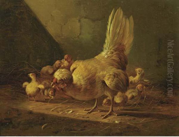 A Hen And Her Chicks Oil Painting by Albertus Verhoesen