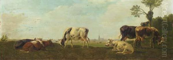 Cows In A Panoramic Polderlandscape Oil Painting by Albertus Verhoesen