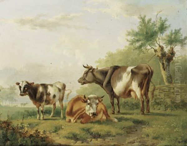 Cows By A Fence Oil Painting by Albertus Verhoesen