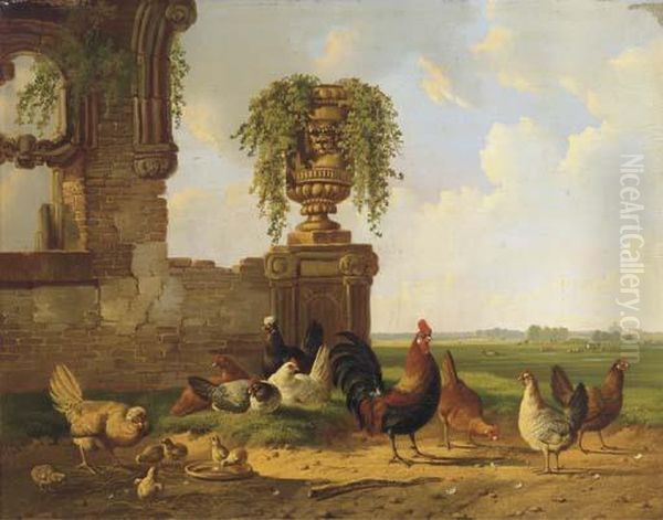 Poultry By A Ruin, An Extensive Landscape Beyond Oil Painting by Albertus Verhoesen