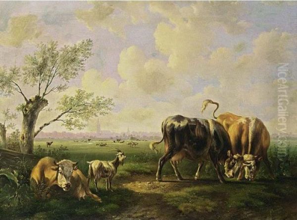 Bulls And Goats In An Extensive Summer Landscape Oil Painting by Albertus Verhoesen