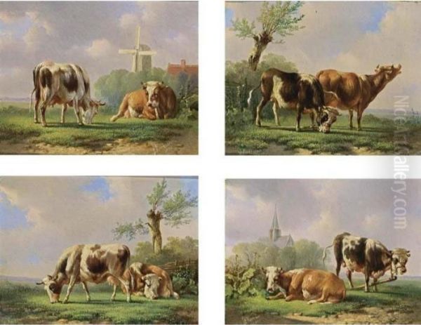 Four Paintings Of Grazing Cows Set In One Frame Oil Painting by Albertus Verhoesen