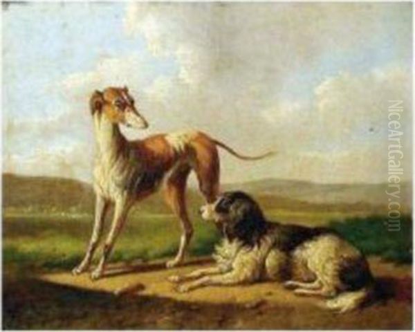 Greyhounds In A Landscape Oil Painting by Albertus Verhoesen