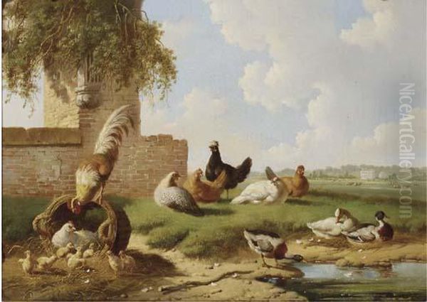 Poultry By A Ruin, A Country House In The Distance Oil Painting by Albertus Verhoesen