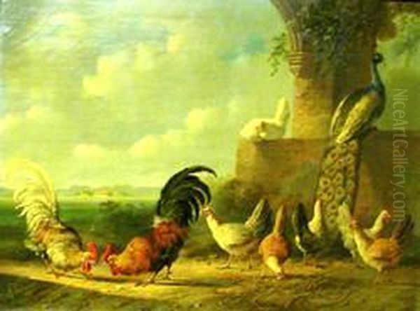 Poultry And A Peacock By A Ruined Wall And Arch Oil Painting by Albertus Verhoesen