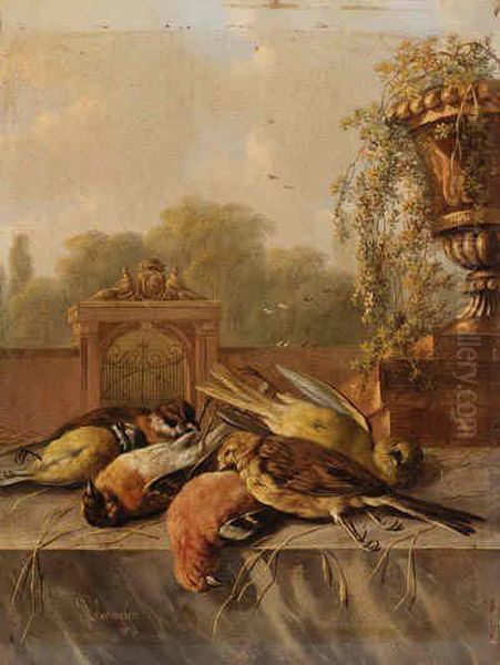 Still Life Of Birds On A Ledge Oil Painting by Albertus Verhoesen