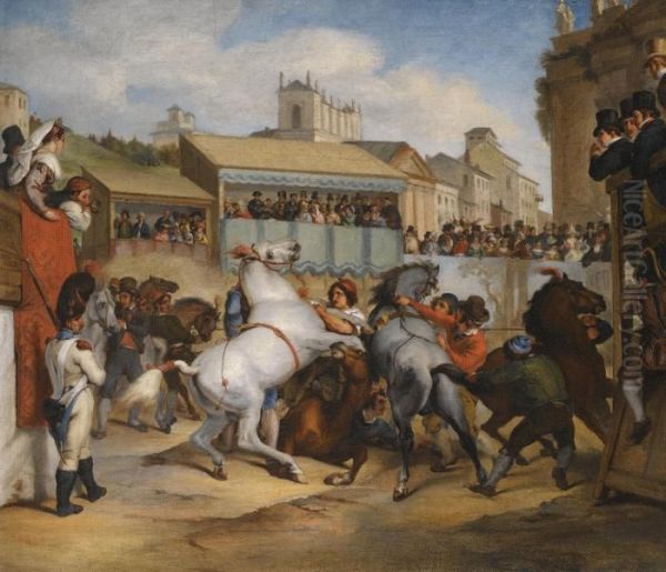 The Wild Horse Race In Rome Oil Painting by Carle Vernet