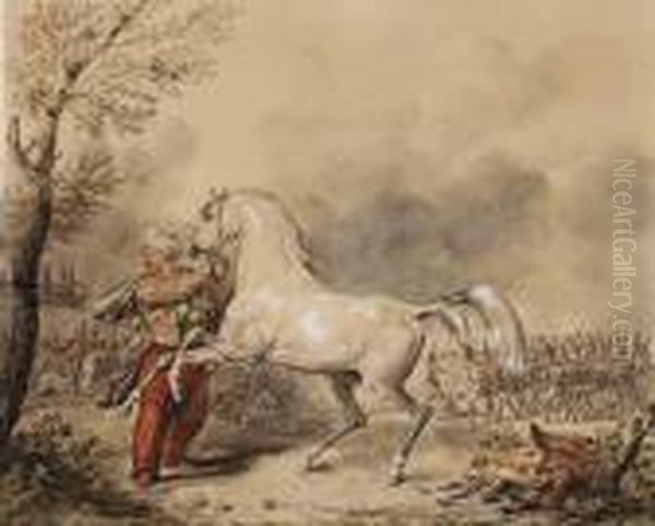 Oriental Et Son Cheval, Une Armee A L'arriere-plan Oil Painting by Carle Vernet