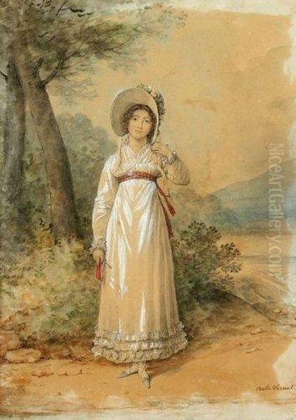 Portrait D'une Jeune Femme A La Robe Blanche Sous Un Arbre Oil Painting by Carle Vernet