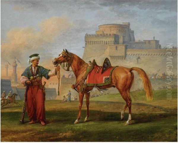 Un Mameluk Entrainant Son Cheval, Une Citadelle Al'arriere-plan Oil Painting by Carle Vernet