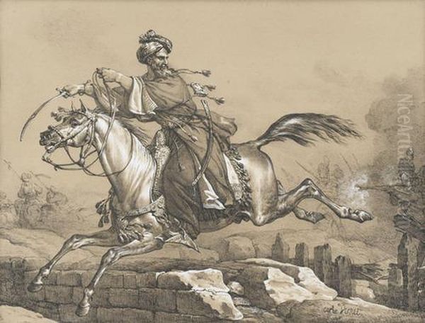 Reitender, Von Soldaten Attackierter Mameluck Oil Painting by Carle Vernet