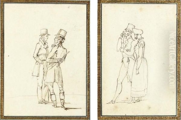 Two Gentleman; And An Elegant Couple (recto); A Man In Costume (verso) Oil Painting by Carle Vernet