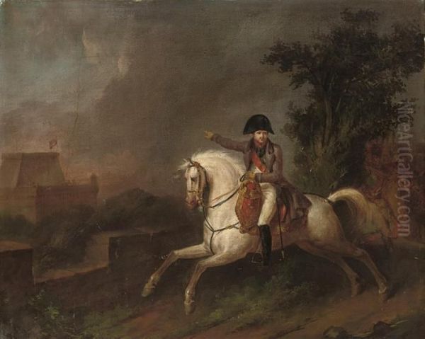 Equestrian Portrait Of Napoleon Bonaparte (1769-1821), With Troops And A Fortress Beyond Oil Painting by Carle Vernet