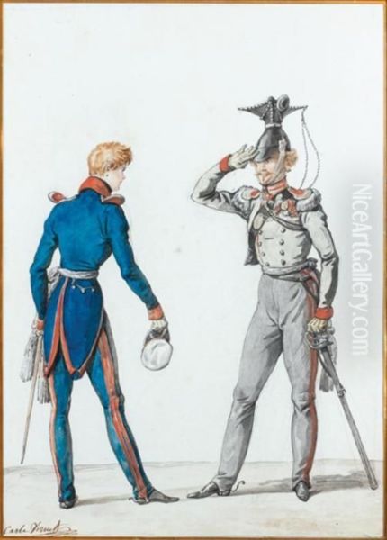 Officiers Prussien Et Russe Se Saluant Oil Painting by Carle Vernet