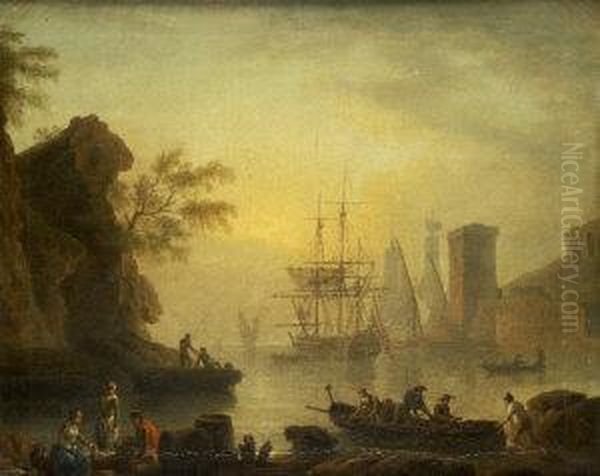 Figures In A Port Oil Painting by Carle Vernet