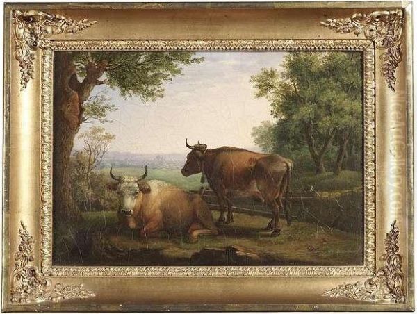 Two Cows In Front Of A Wide Landscape Oil Painting by Carle Vernet