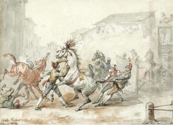 Preparing Horses For The Riderless Race In Rome Oil Painting by Carle Vernet