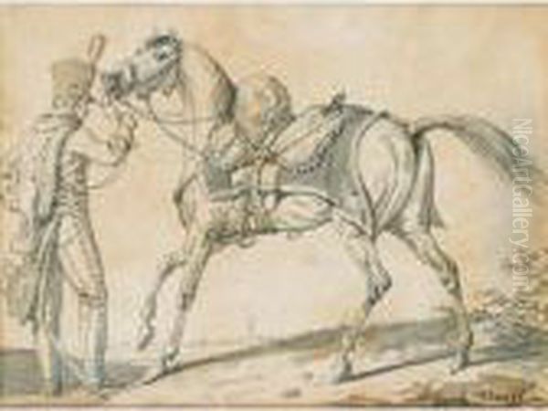 Hussard Et Son Cheval 
[antoine-charles-horace Vernet, Called Carle Vernet ; Hussar And His 
Horse ; Pen And Wash ; Signed Lower Right Carle Vernet] Oil Painting by Carle Vernet