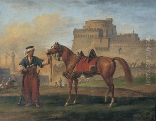 A Mameluk Leading His Horse With A Citadel In The Background Oil Painting by Carle Vernet