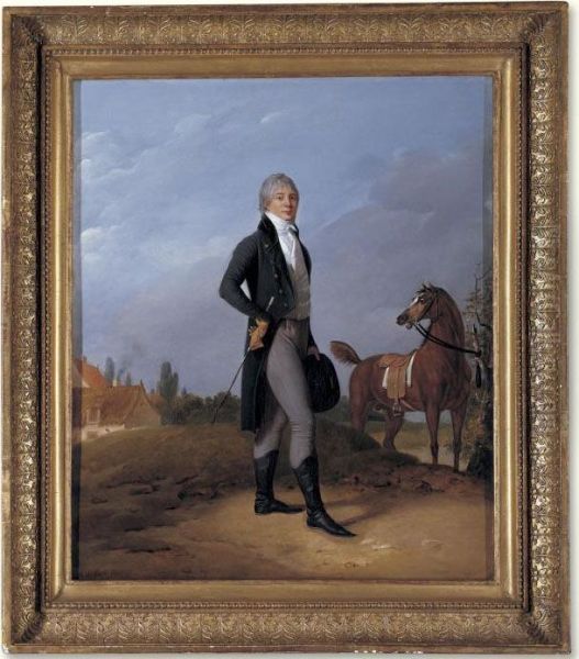 Alexis Gedeon Standing 
Full-length And Wearing A Blue Jacket And 
Holding A Whip And Top Hat His Horse Is Tethered
 To A Tree Nearby. Oil Painting by Carle Vernet