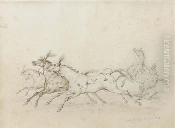 Three Circus Horses At The Gallop, A Fourth Restrained By Agroom Oil Painting by Carle Vernet