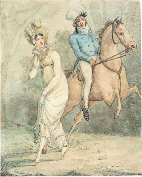 A Lady Stepping Away From A Man On A Galloping Horse Oil Painting by Carle Vernet