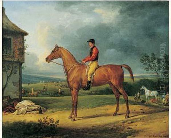 Jockey Sur Sa Monture Et Dans Le Lontain De Nombreux Cavaliers Sur Un Champ De Courses. Oil Painting by Carle Vernet