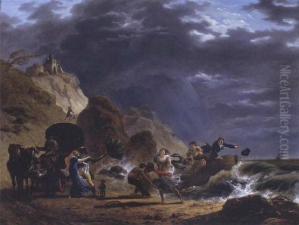 Arrival Of Emigres With The Duchess Of Berry On The French Coast Oil Painting by Carle Vernet