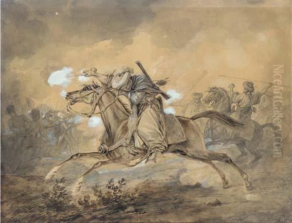 An Egyptian Horseman Blowing Up A
 Gun, The French Infantry Fightingthe Egyptians In The Background Oil Painting by Carle Vernet