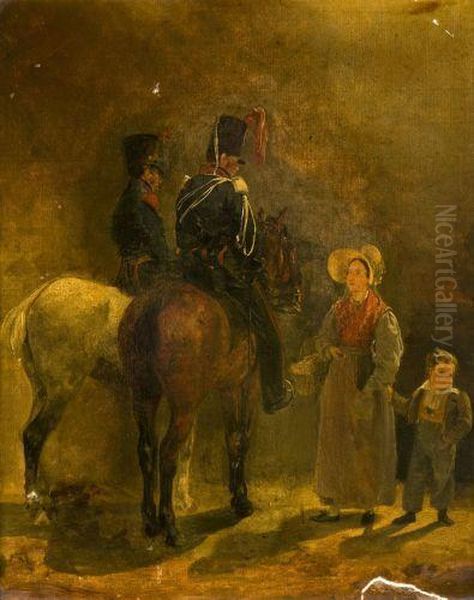 Mere Et Son Enfant Conversant Avec Deux Chasseurs A Cheval Oil Painting by Horace Vernet