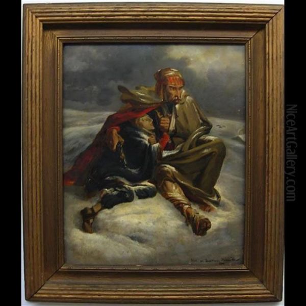 Injured Soldier Protecting Young Woman In Winter Oil Painting by Horace Vernet