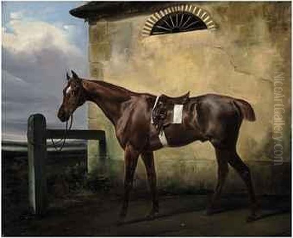 A Tethered Chestnut Horse In A Landscape Oil Painting by Horace Vernet