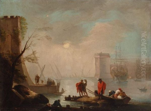 Figures At A Harbour Entrance Oil Painting by Horace Vernet