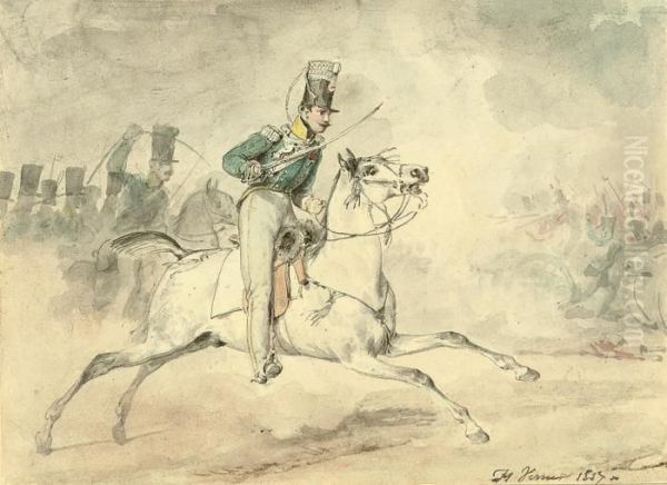 A Cavalryman Charging In The Heat Of Battle Oil Painting by Horace Vernet